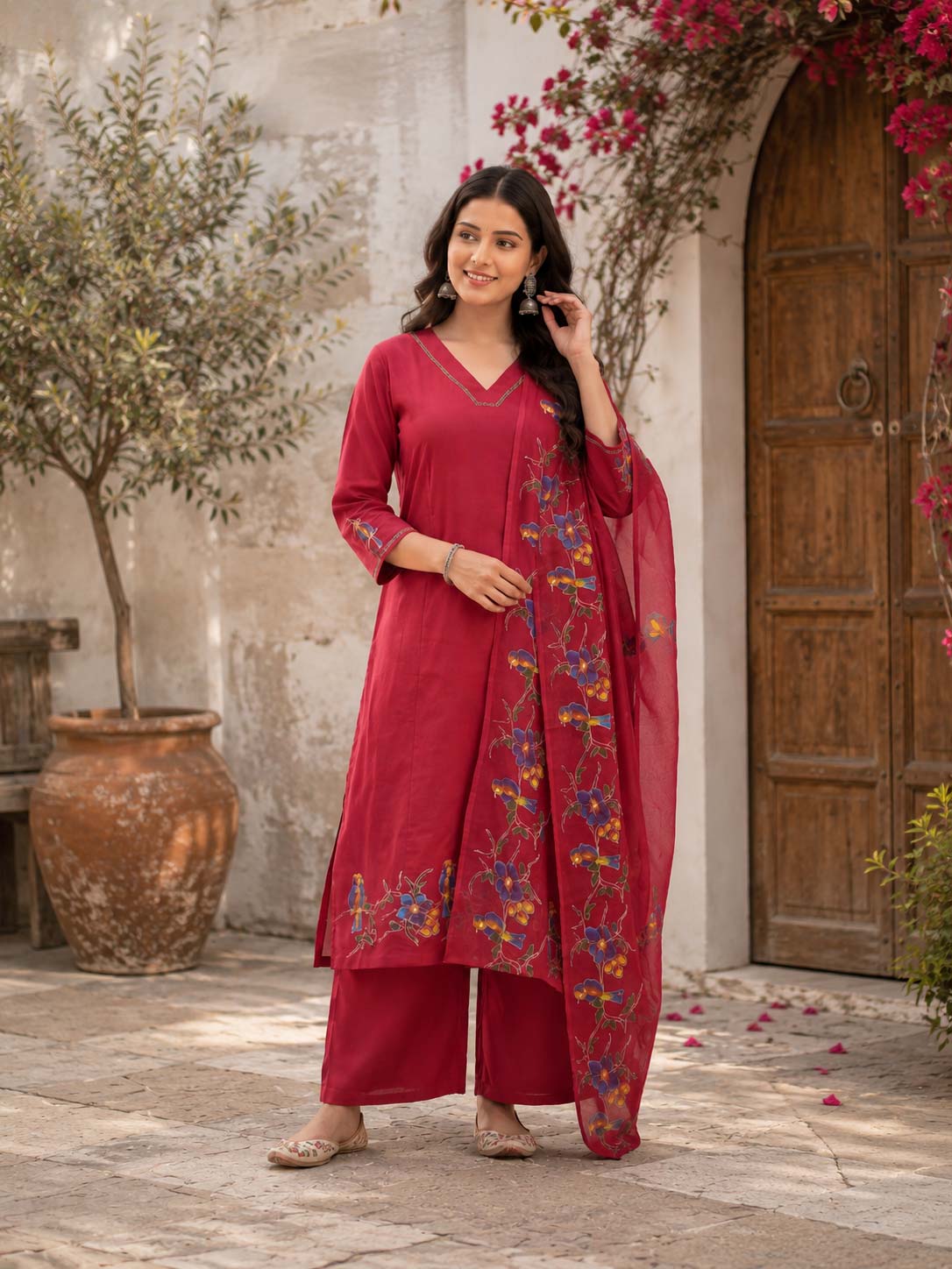 Magenta Multicolor Floral Brush Painted  Kurthi Set