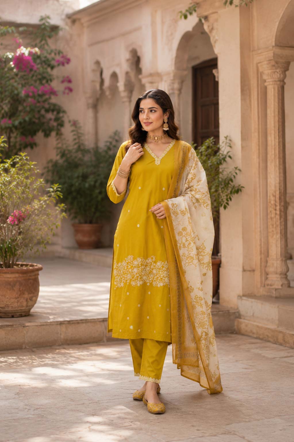 Mustard Yellow Floral Kuthi Set