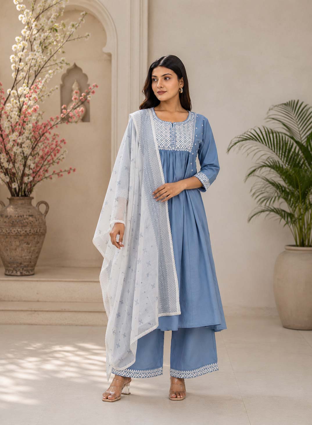 Powder Blue 3 Panel Gathered Kurthi Set