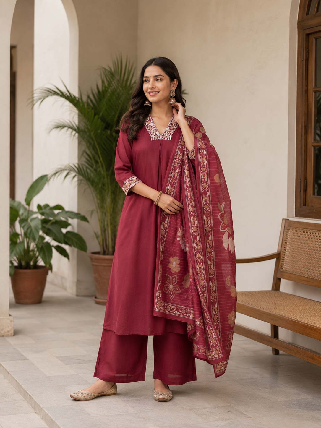 Chinon Silk Red A line Kurthi Set