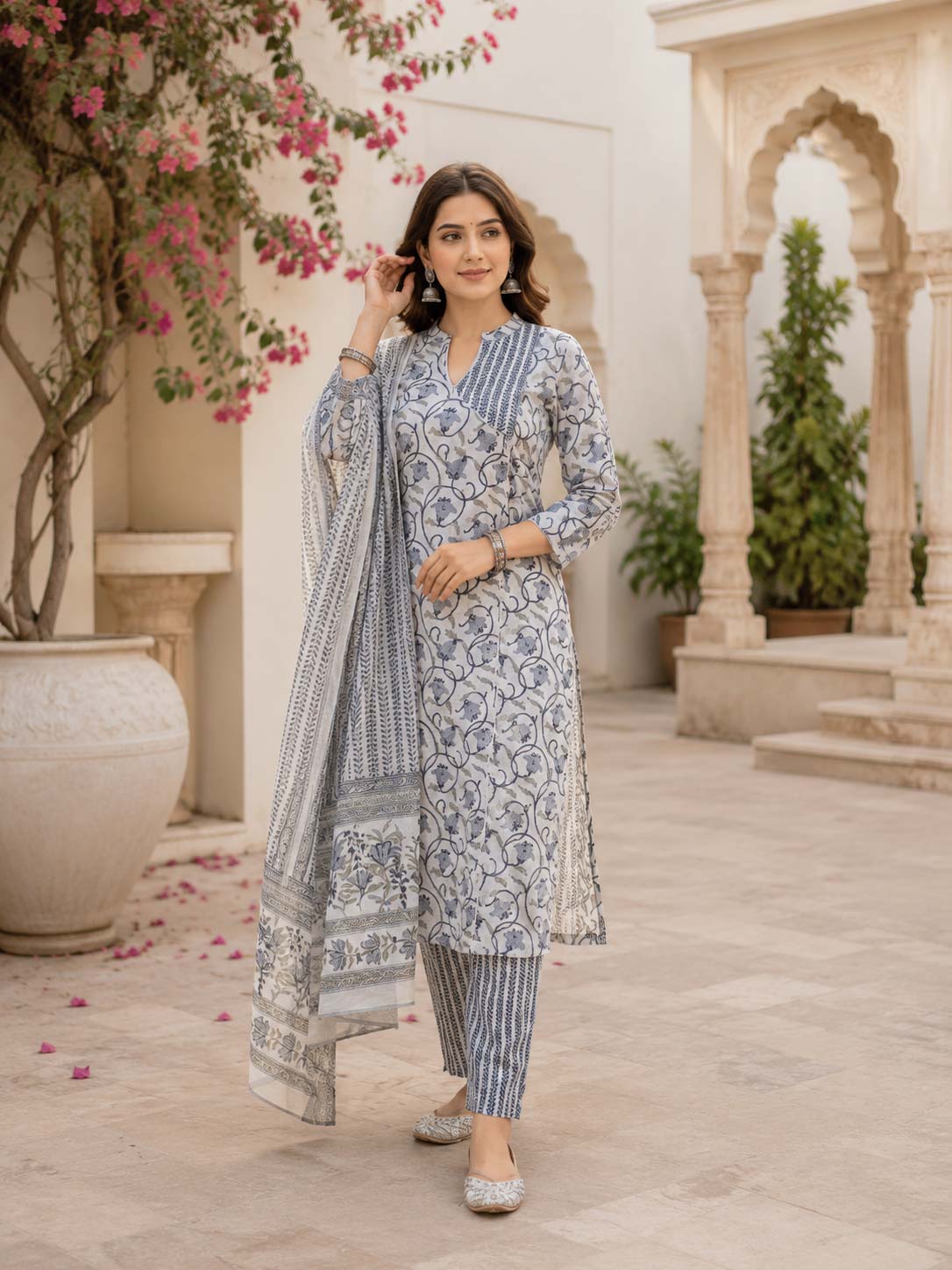 Grey Vine Print Anghrakha Kurthi Set