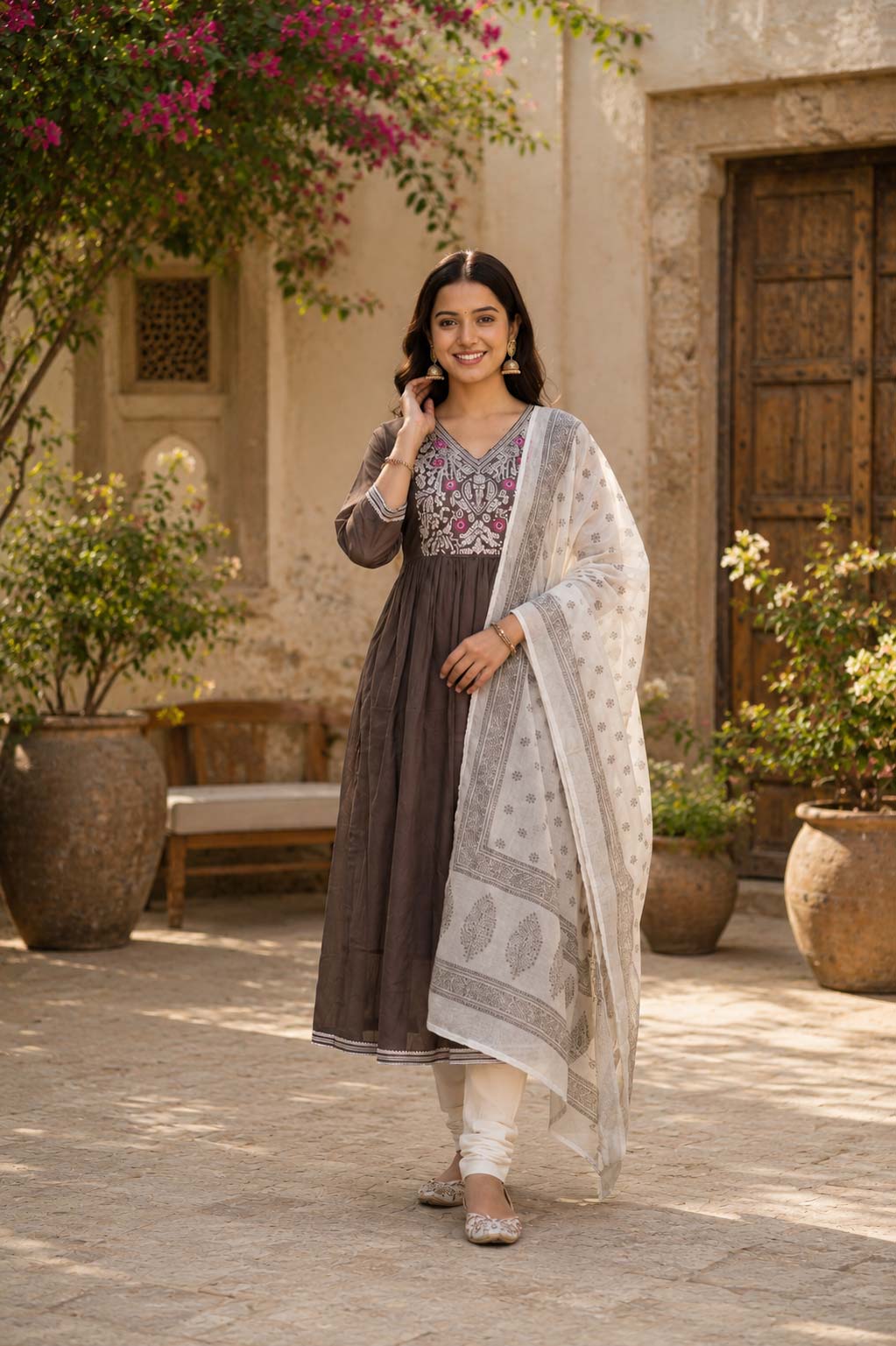Brown Embroidered Yoke Chanderi Kurthi Set